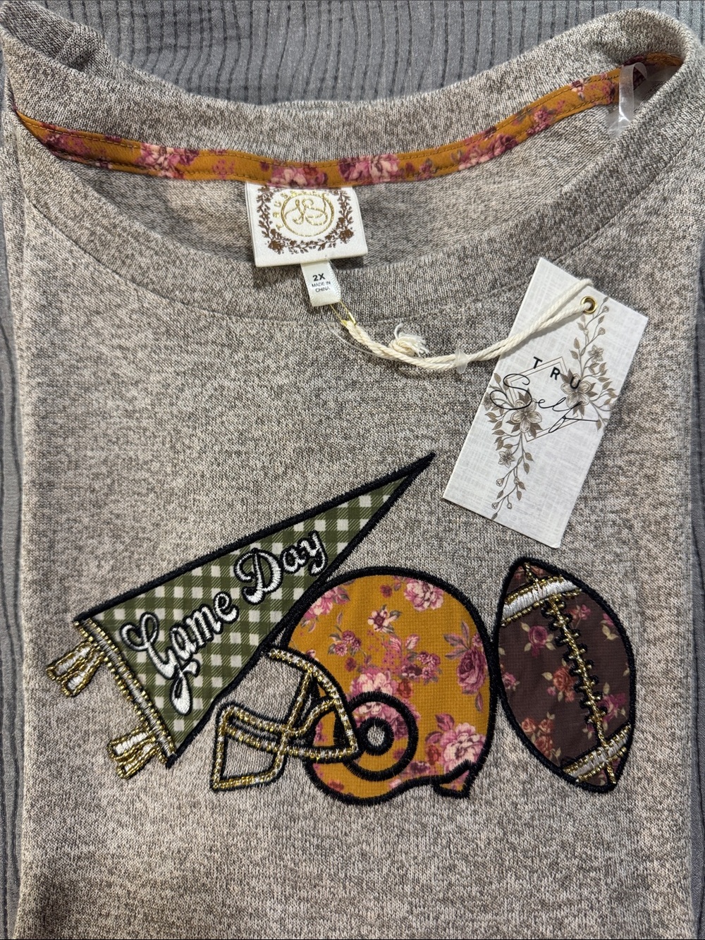 Game Day Floral Helmet Sweatshirt - Gray with Mustard & Olive Accents